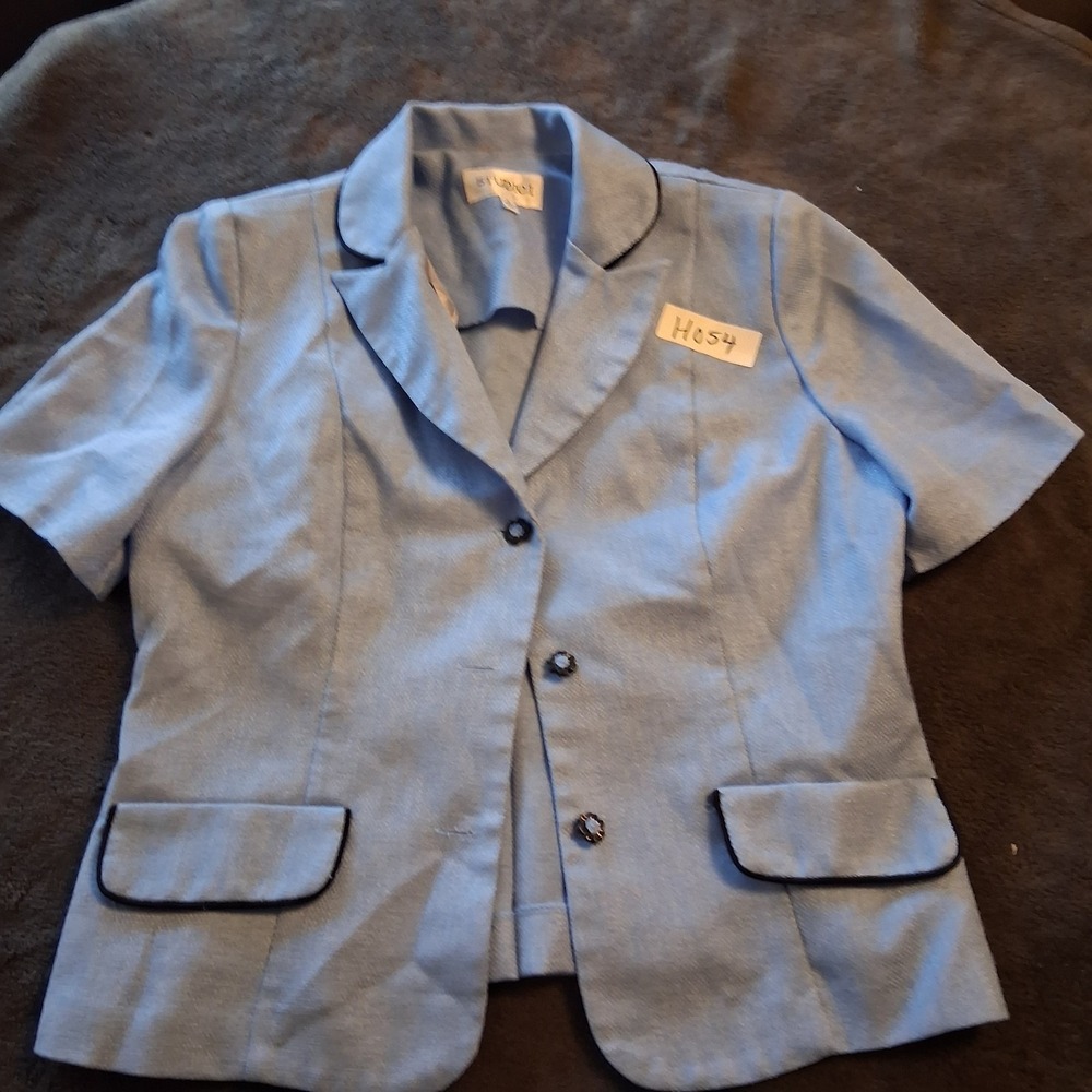 Studio I Short Sleeve Peplum Blazer Light Blue Women Size 8 Trim Back Office